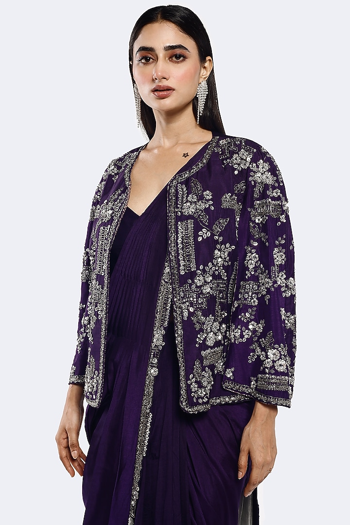 Purple Silk Sequins Embellished Pre-Stitched Jacket Wedding Saree Set by Onaya at Pernia's Pop Up Shop