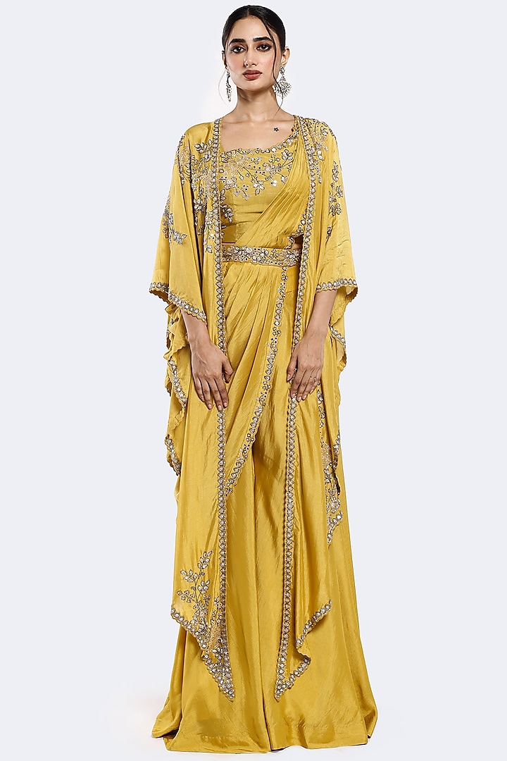 Mustard Silk Sequins Embellished Pre-Stitched Pant Saree Set by Onaya at Pernia's Pop Up Shop