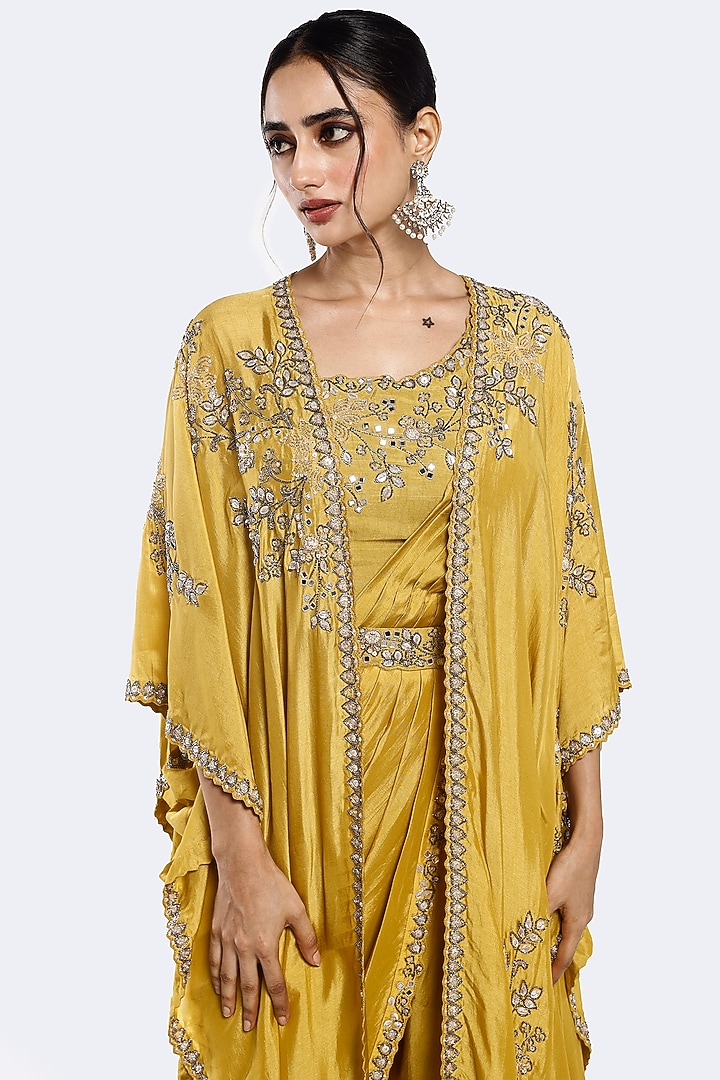 Mustard Silk Sequins Embellished Pre-Stitched Pant Party Wear Saree Set by Onaya at Pernia's Pop Up Shop