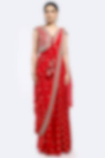 Red Silk & Banarasi Woven Buta Sequins Motifs Embroidered Draped Pre-Stitched Saree Set by Onaya at Pernia's Pop Up Shop