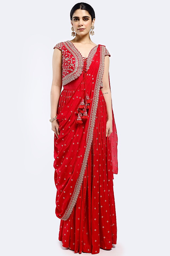 Red Silk & Banarasi Woven Buta Sequins Motifs Embroidered Draped Pre-Stitched Saree Set by Onaya at Pernia's Pop Up Shop