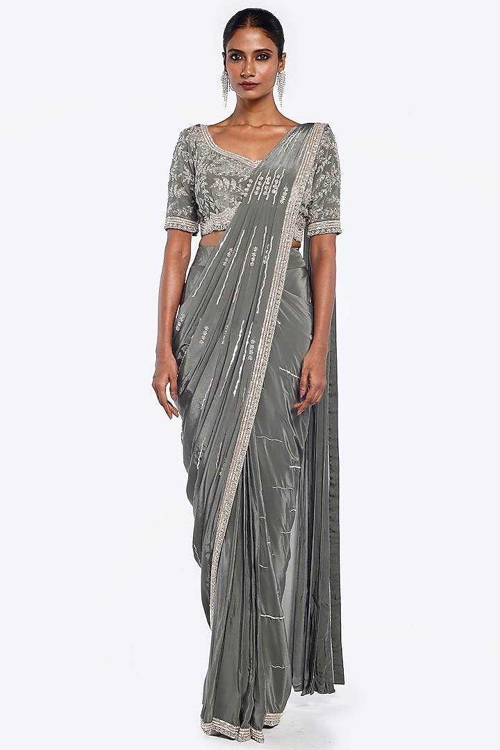 Green Crepe Cutdana Embellished Pre-Stitched Party Wear Saree Set by Onaya at Pernia's Pop Up Shop