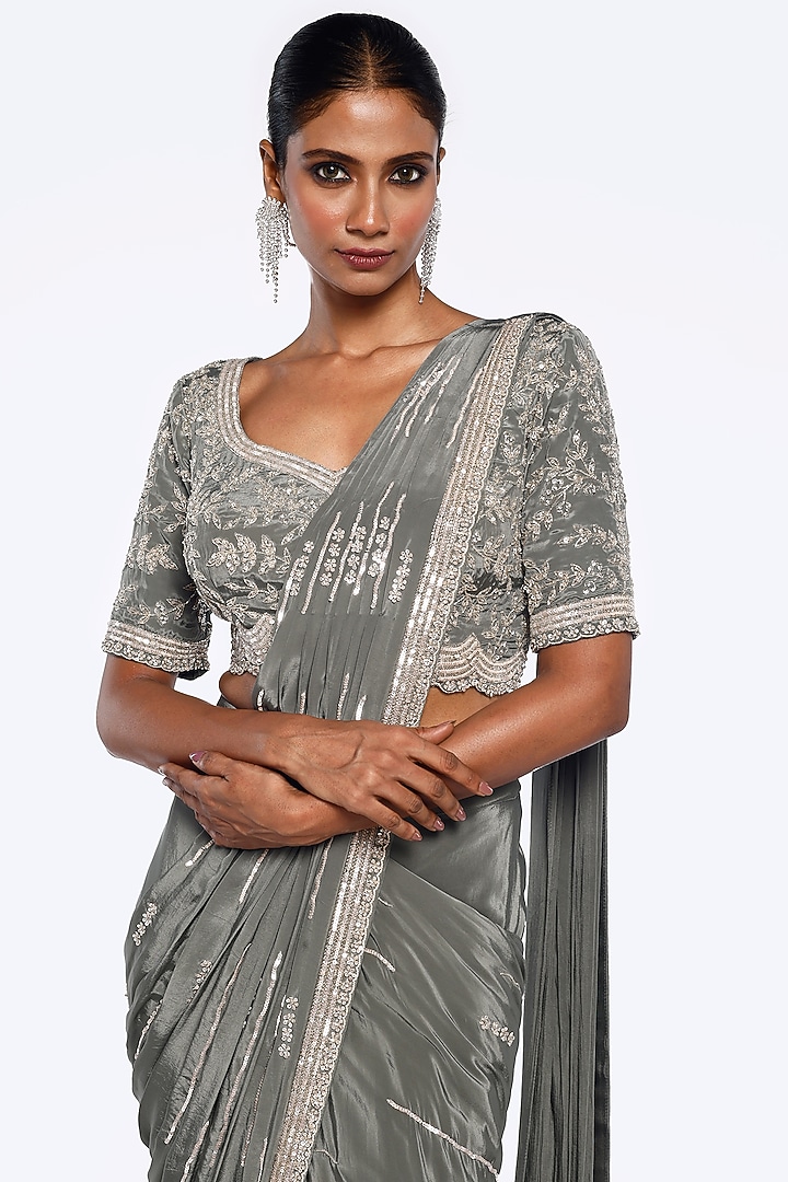 Green Crepe Cutdana Embellished Pre-Stitched Party Wear Saree Set by Onaya at Pernia's Pop Up Shop