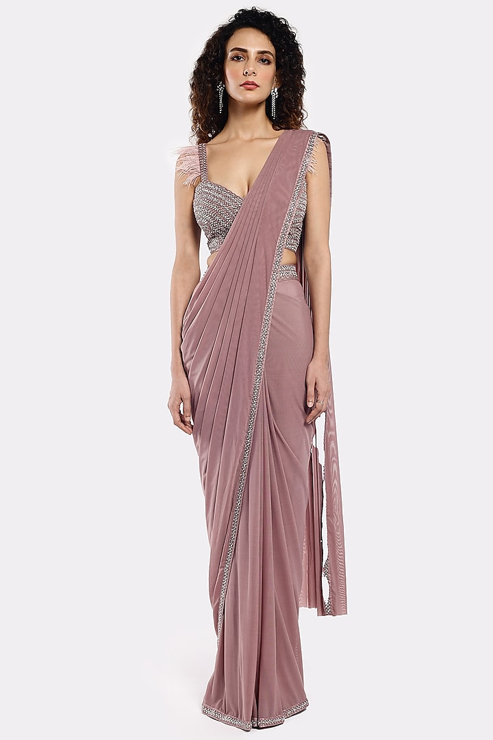 Lilac Lycra Net Cutdana Embellished Pre-Stitched Party Wear Saree Set by Onaya at Pernia's Pop Up Shop
