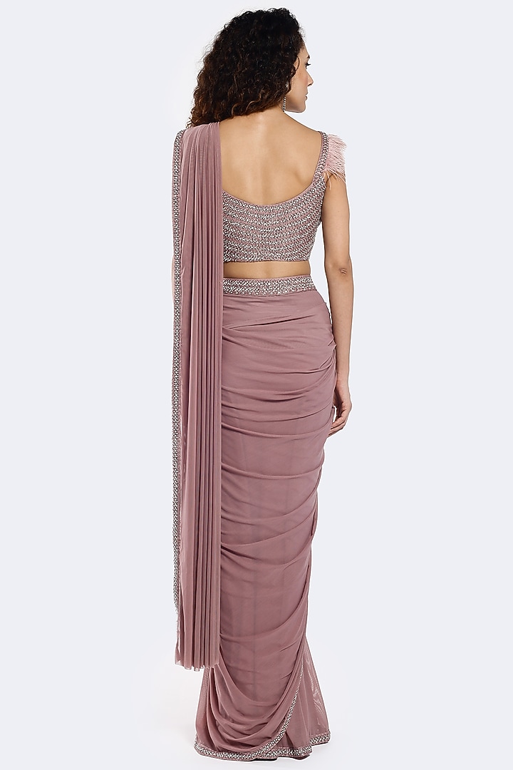 Lilac Lycra Net Cutdana Embellished Pre-Stitched Party Wear Saree Set by Onaya at Pernia's Pop Up Shop