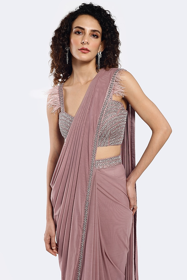 Lilac Lycra Net Cutdana Embellished Pre-Stitched Party Wear Saree Set by Onaya at Pernia's Pop Up Shop
