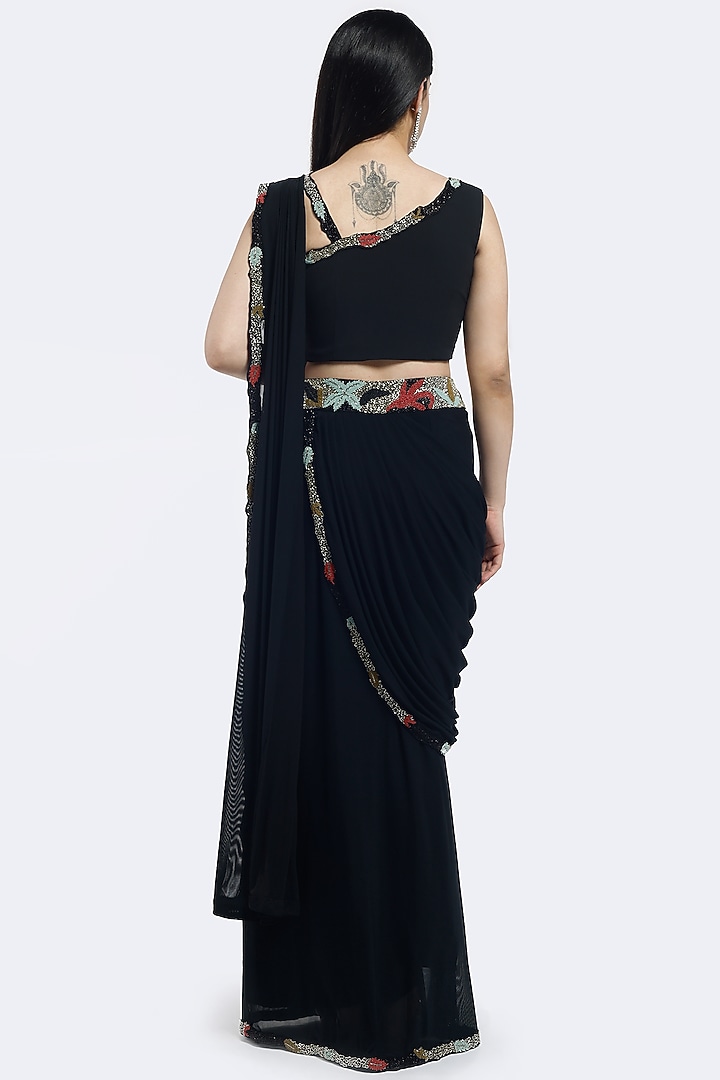 Black Lycra Foliage Embellished Pre-Stitched Party Wear Saree Set by Onaya at Pernia's Pop Up Shop