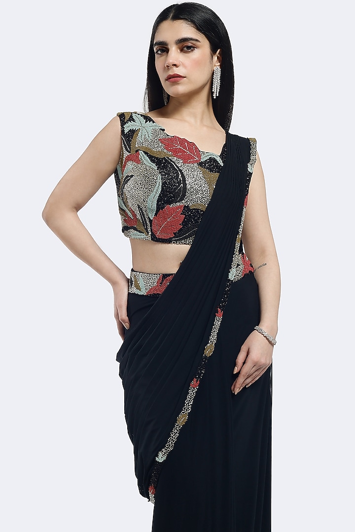 Black Lycra Foliage Embellished Pre-Stitched Party Wear Saree Set by Onaya at Pernia's Pop Up Shop