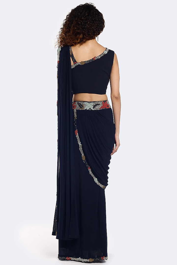 Navy Blue Lycra Foliage Embellished Pre-Stitched Party Wear Saree Set by Onaya at Pernia's Pop Up Shop