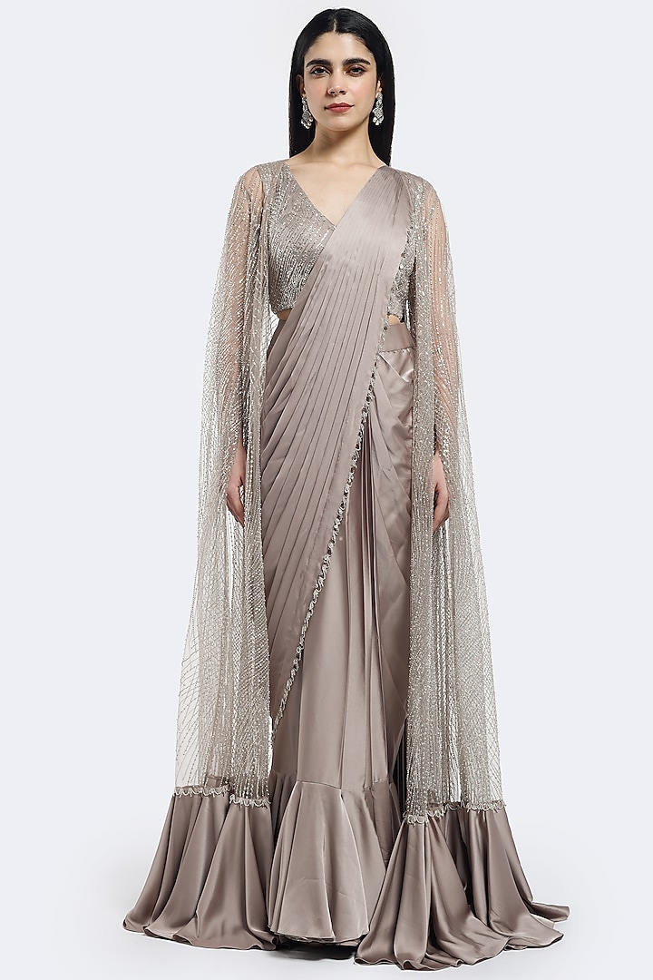 Beige Satin Sequins Embellished Pre-Stitched Jacket Saree Set by Onaya at Pernia's Pop Up Shop