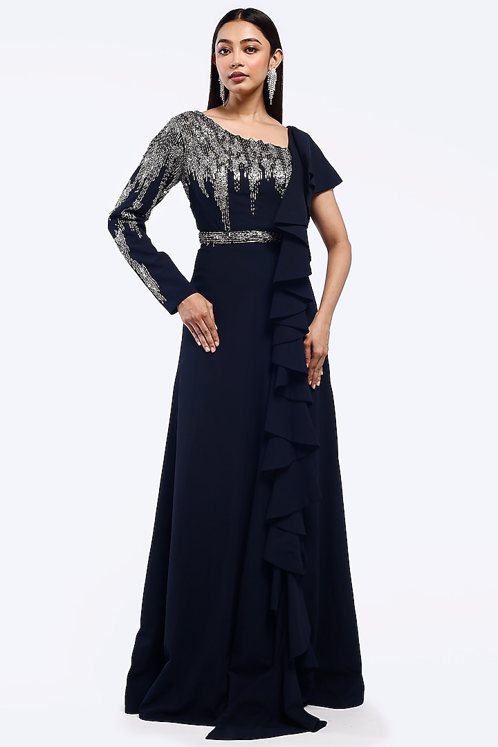 Blue Georgette Sequins Embellished Ruffled Gown by Onaya at Pernia's Pop Up Shop