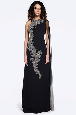 Black & Grey Georgette Sequins Embellished Gown by Onaya