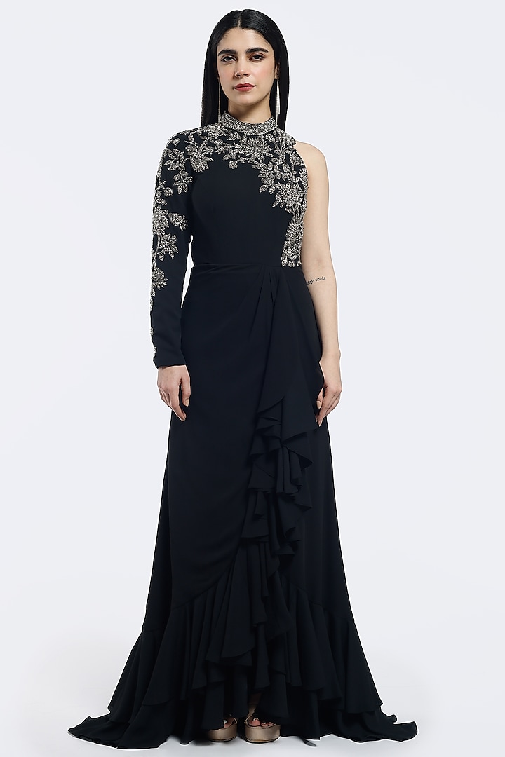 Black Georgette Sequins Embellished Ruffled Gown by Onaya at Pernia's Pop Up Shop