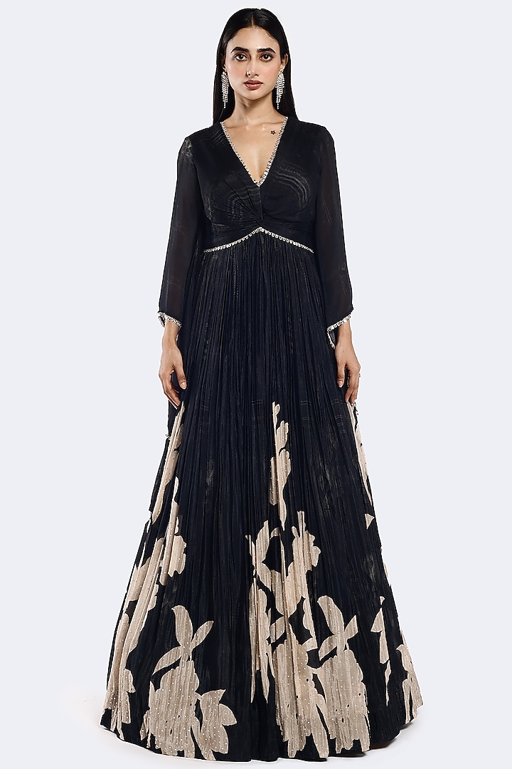 Black Chinon Chiffon Floral Motifs Embellished Anarkali Gown by Onaya at Pernia's Pop Up Shop