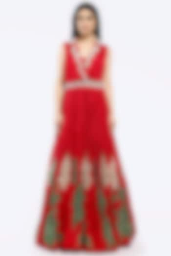 Red Chinon Chiffon Floral Motifs Embellished A-Line Gown by Onaya at Pernia's Pop Up Shop