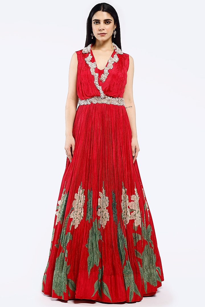 Red Chinon Chiffon Floral Motifs Embellished A-Line Gown by Onaya at Pernia's Pop Up Shop