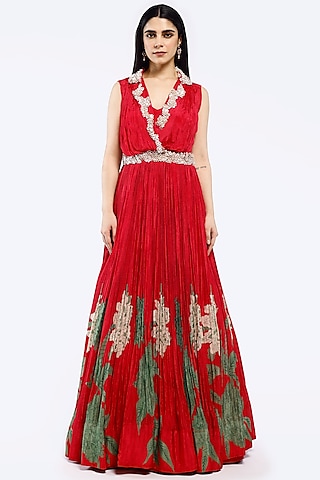 Red Chinon Chiffon Floral Motifs Embellished A-Line Gown by Onaya