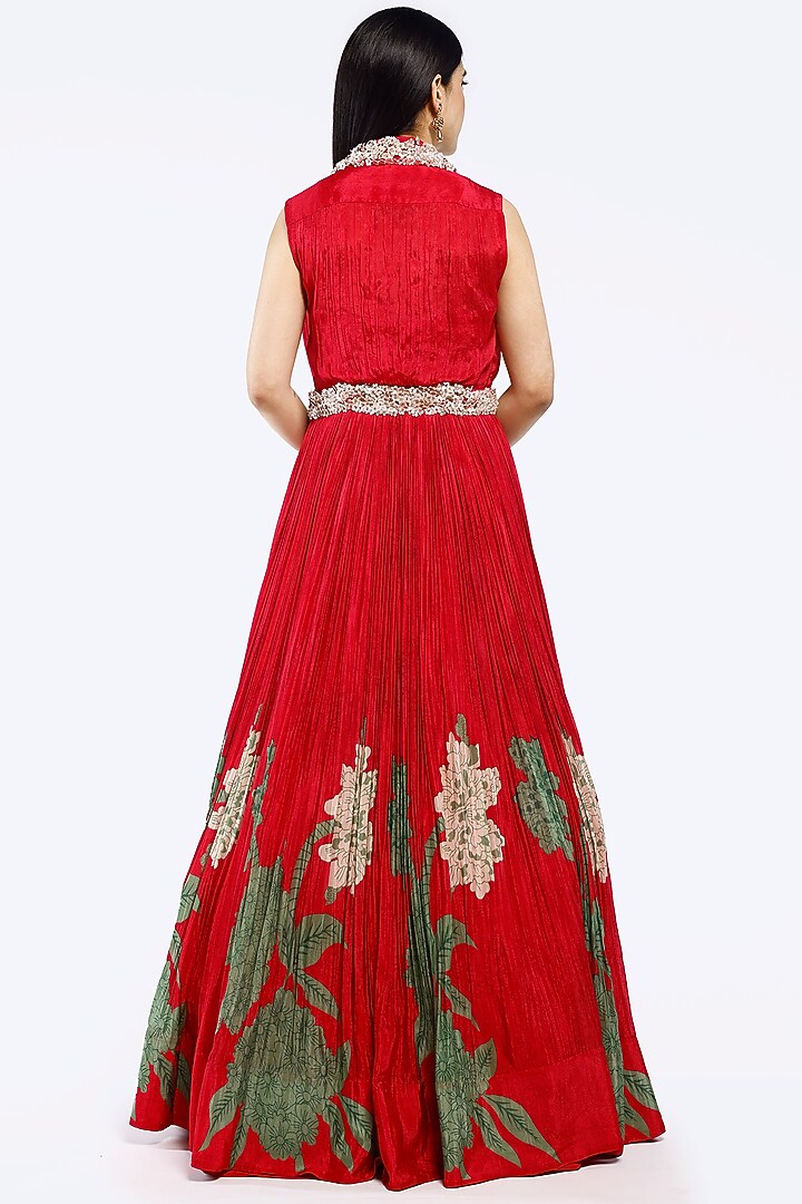 Red Chinon Chiffon Floral Motifs Embellished A-Line Party Wear Gown by Onaya at Pernia's Pop Up Shop