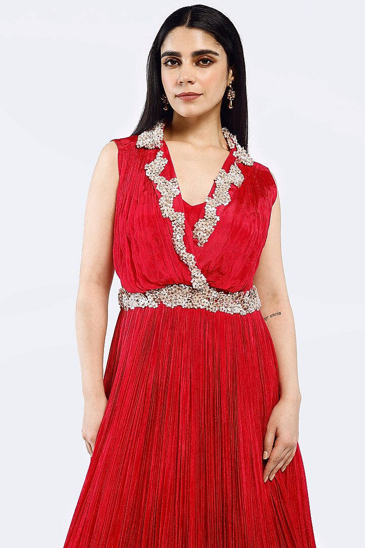 Red Chinon Chiffon Floral Motifs Embellished A-Line Party Wear Gown by Onaya at Pernia's Pop Up Shop