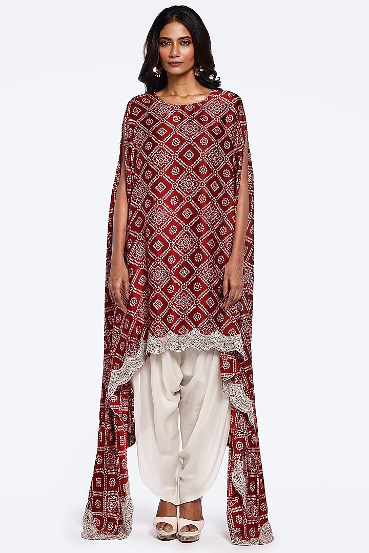 Maroon Satin Bandhani Printed & Cutdana Embellished Kaftan Set by Onaya at Pernia's Pop Up Shop