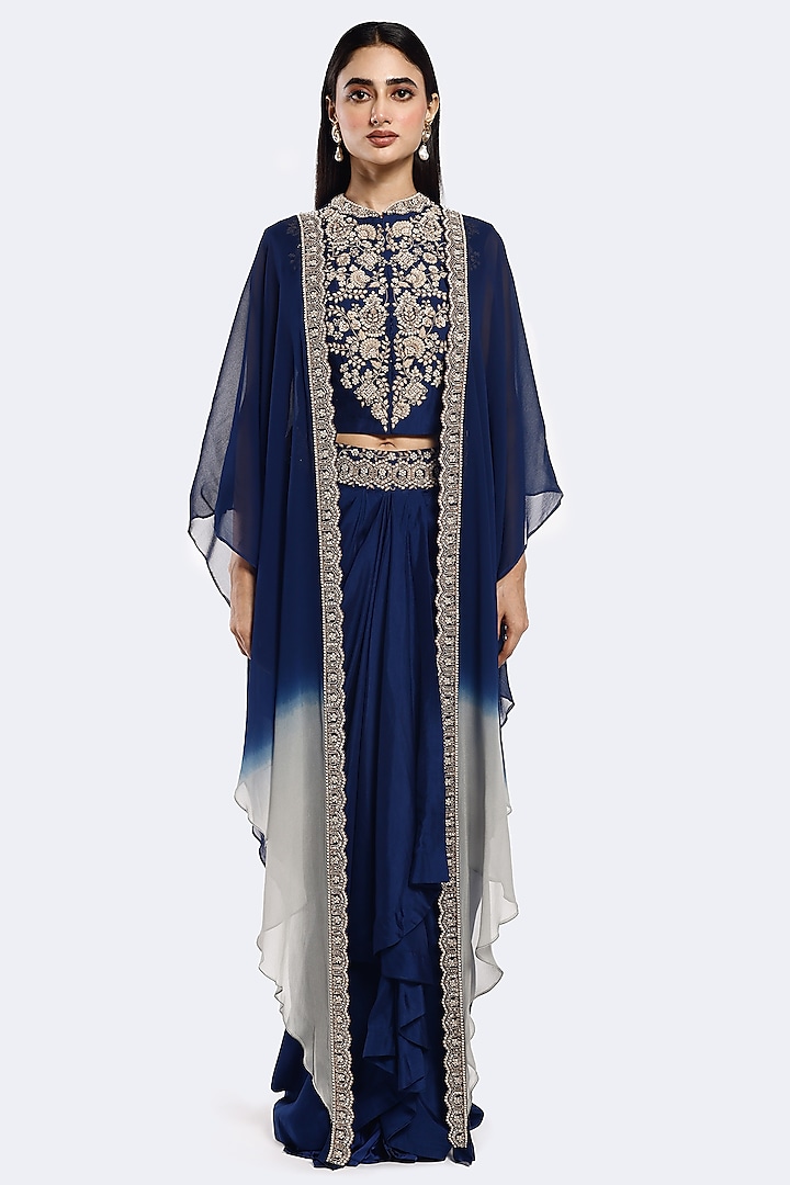 Blue & Grey Ombre Silk Embellished Cape Set by Onaya at Pernia's Pop Up Shop