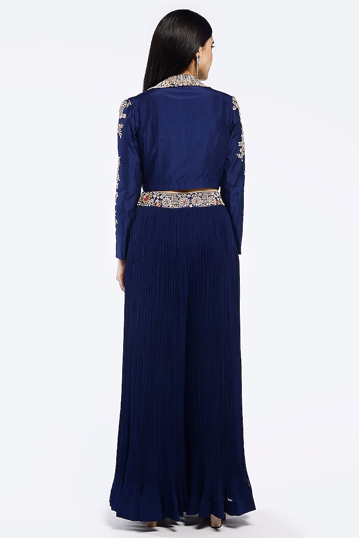 Royal Blue Silk & Georgette Pleated Pant Set by Onaya at Pernia's Pop Up Shop