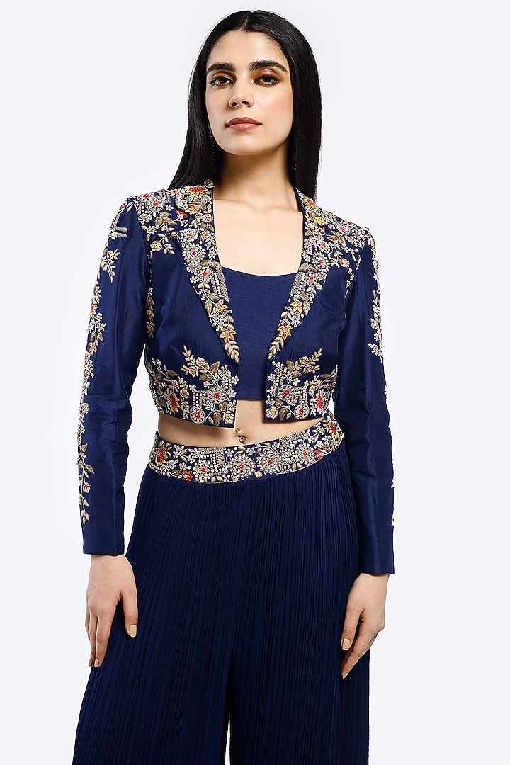 Royal Blue Silk & Georgette Pleated Pant Set by Onaya at Pernia's Pop Up Shop