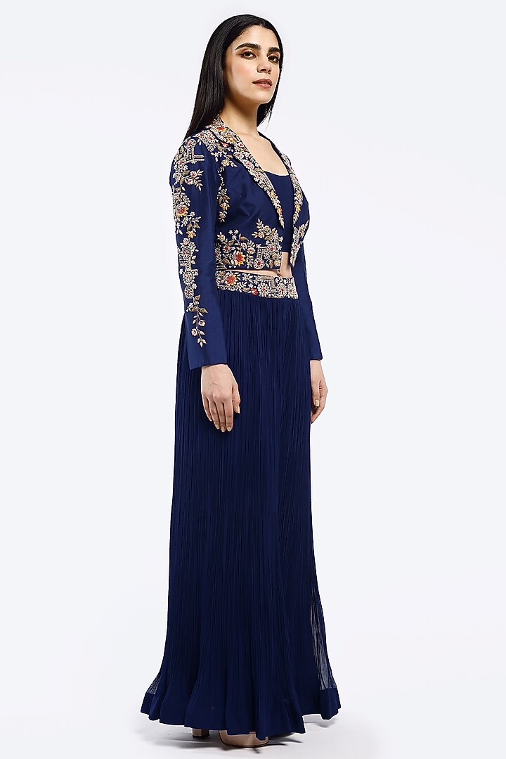Royal Blue Silk & Georgette Pleated Pant Set by Onaya at Pernia's Pop Up Shop