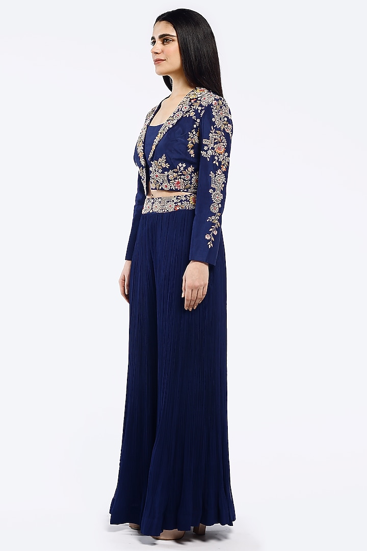Royal Blue Silk & Georgette Pleated Pant Set by Onaya at Pernia's Pop Up Shop