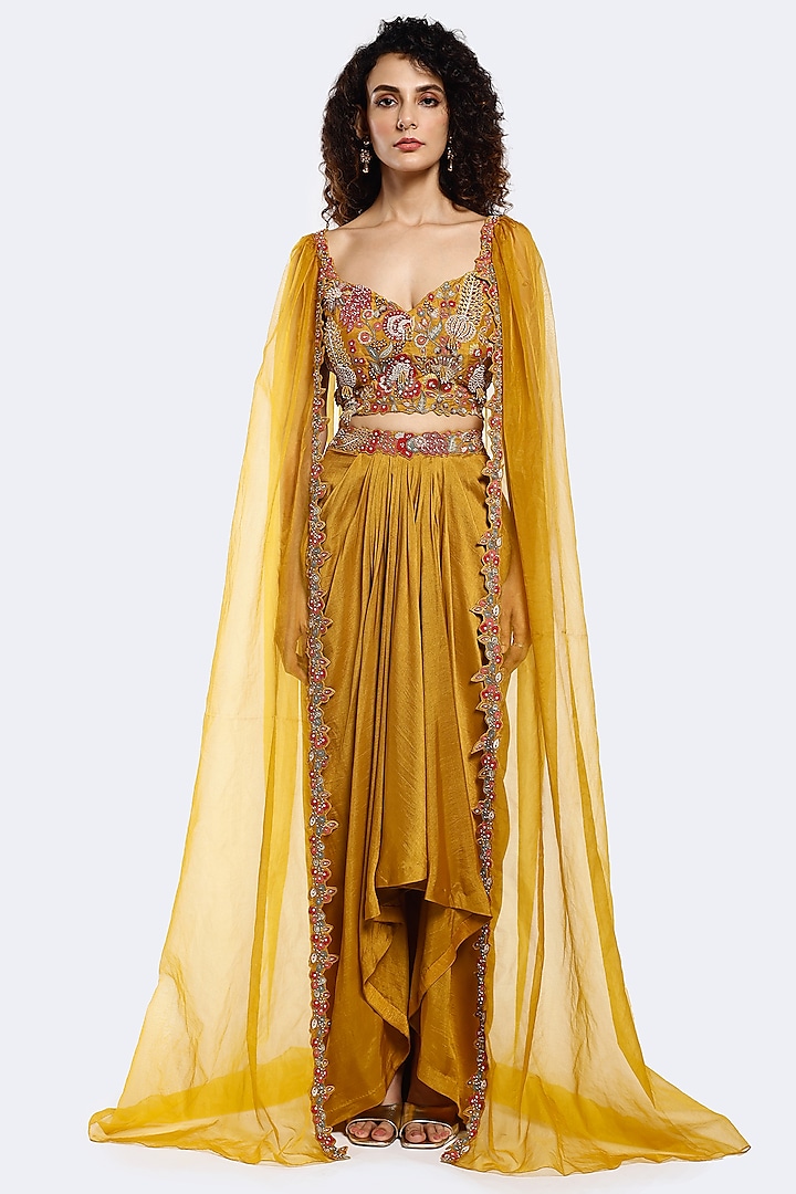 Mustard Silk Draped Skirt Set by Onaya at Pernia's Pop Up Shop