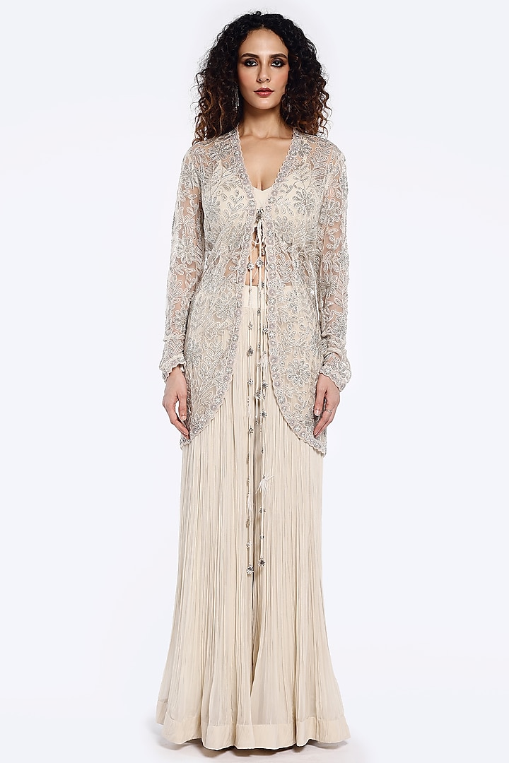 Ivory Net Pearl & Sequins Embellished Jacket Set by Onaya at Pernia's Pop Up Shop