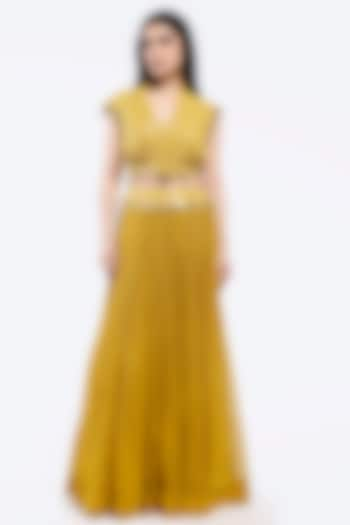 Mustard Georgette Sequins Embellished Skirt Set by Onaya at Pernia's Pop Up Shop