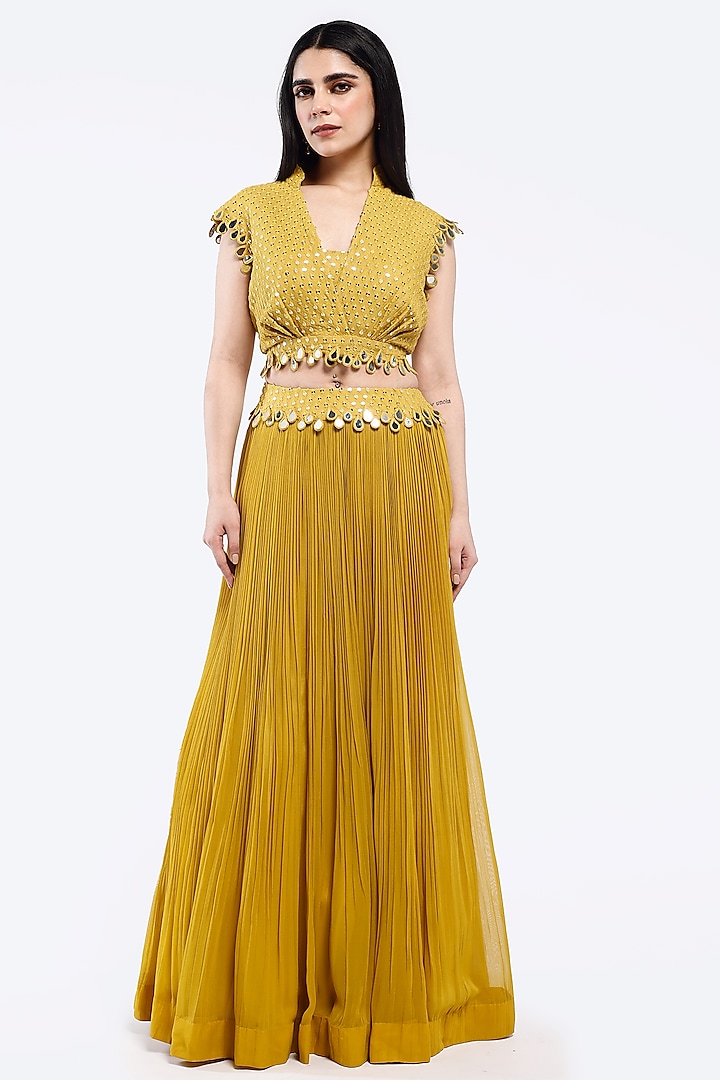 Mustard Georgette Sequins Embellished Skirt Set by Onaya at Pernia's Pop Up Shop