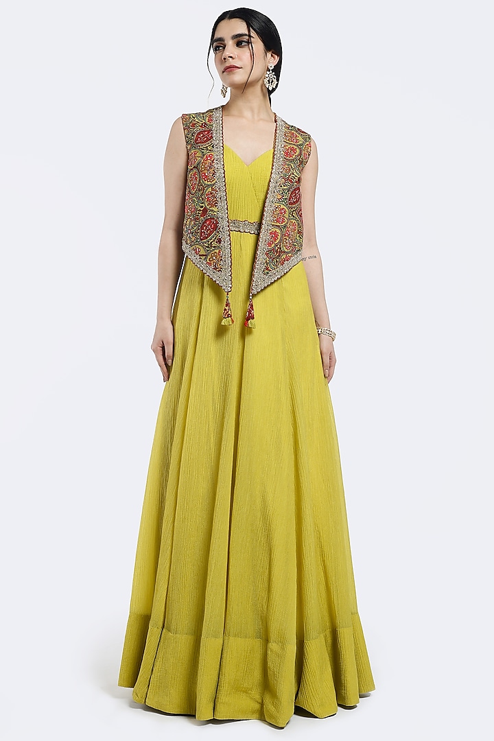 Lime Green Crush Gown With Embroidered Jacket by Onaya at Pernia's Pop Up Shop