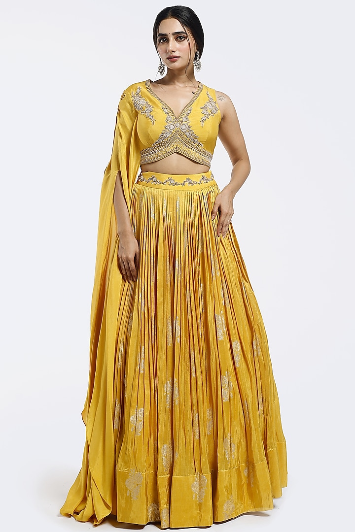 Yellow Bemberg Silk Sequins Embellished A-Line Skirt Set by Onaya at Pernia's Pop Up Shop