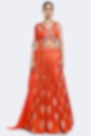 Orange Bemberg Silk Sequins Embellished A-Line Skirt Set by Onaya at Pernia's Pop Up Shop