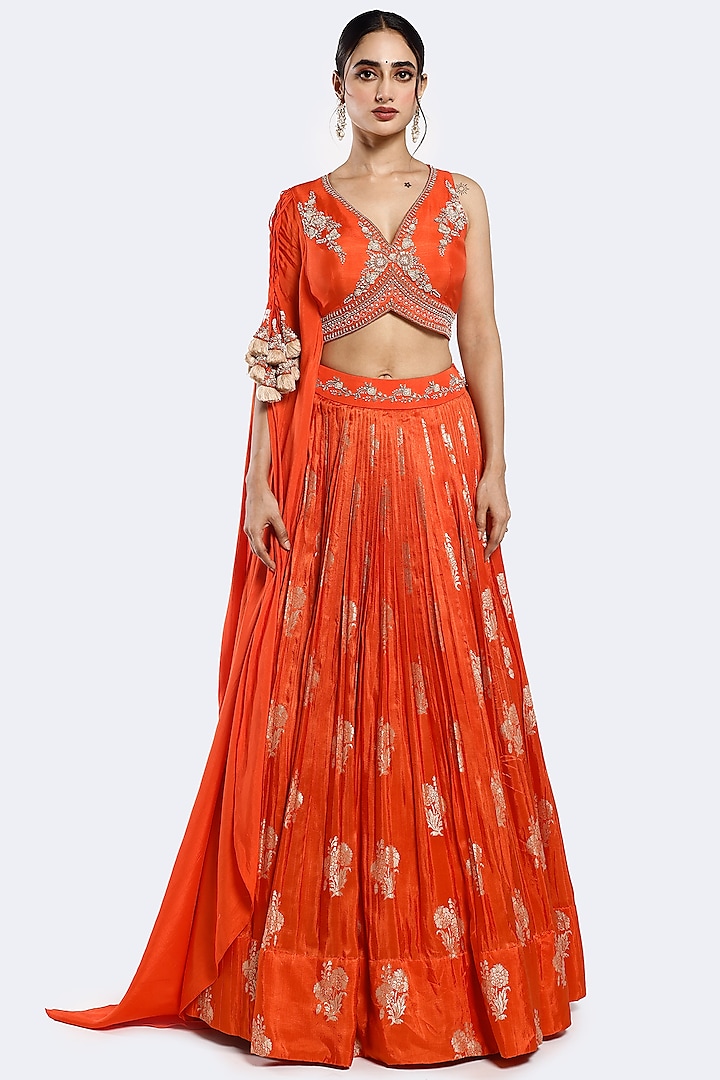 Orange Bemberg Silk Sequins Embellished A-Line Skirt Set by Onaya at Pernia's Pop Up Shop