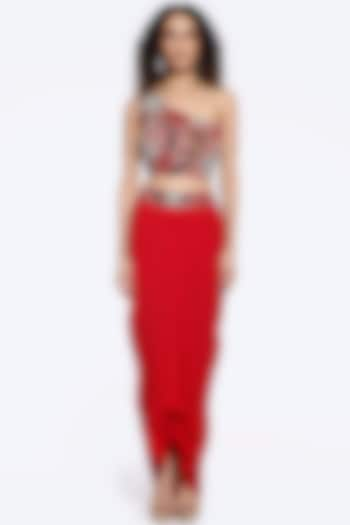 Red Georgette Draped Skirt Set by Onaya at Pernia's Pop Up Shop