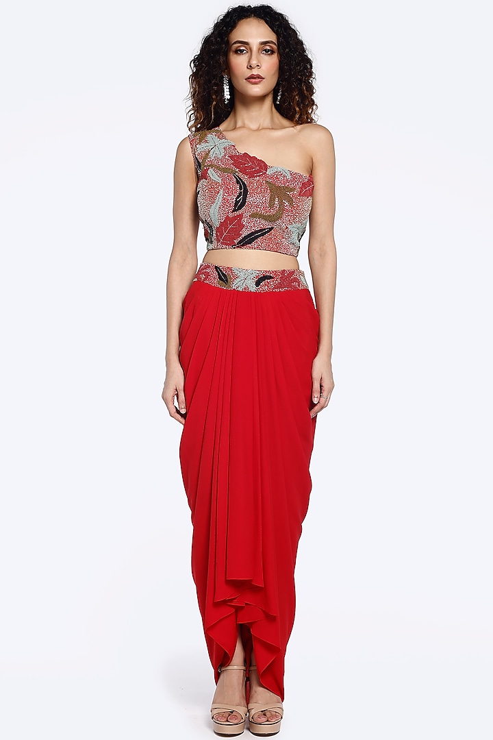 Red Georgette Draped Skirt Set by Onaya at Pernia's Pop Up Shop