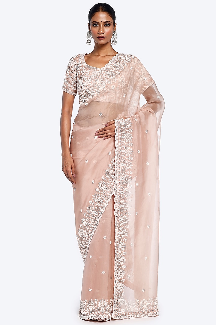Old Rose Organza Moti Embellished Party Wear Saree Set by Onaya at Pernia's Pop Up Shop