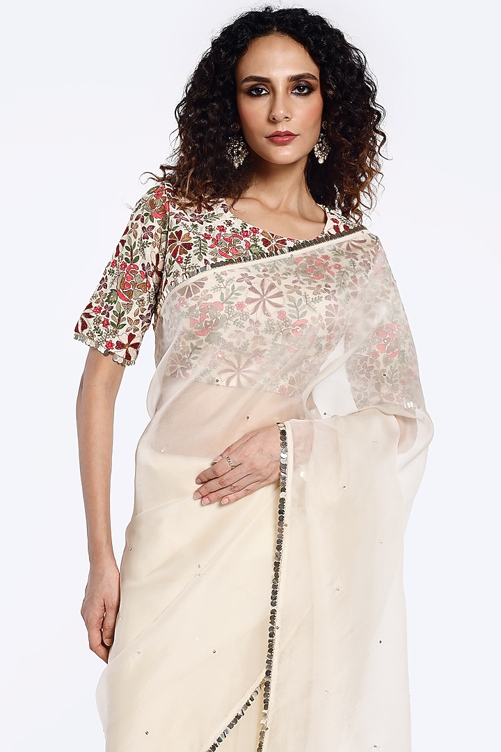 Ivory Organza Sequins Embellished Party Wear Saree Set by Onaya at Pernia's Pop Up Shop