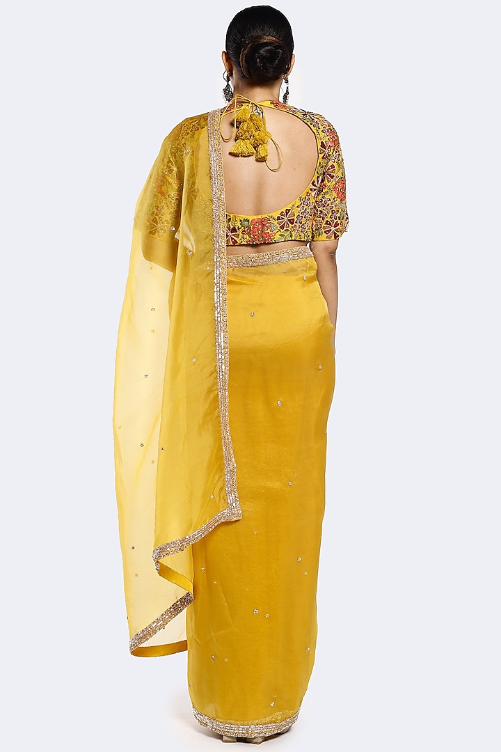 Mustard Organza Cutdana Embellished Party Wear Saree Set by Onaya at Pernia's Pop Up Shop