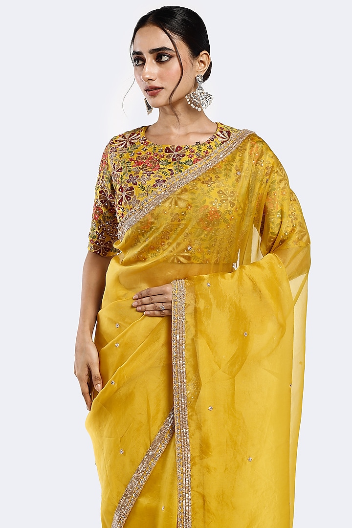 Mustard Organza Cutdana Embellished Party Wear Saree Set by Onaya at Pernia's Pop Up Shop