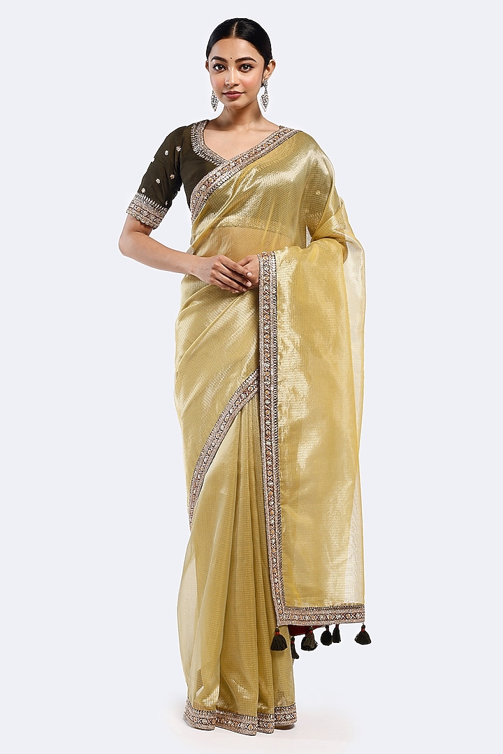 Lemon Yellow Zari Kota Tikki Embellished Party Wear Saree Set by Onaya at Pernia's Pop Up Shop