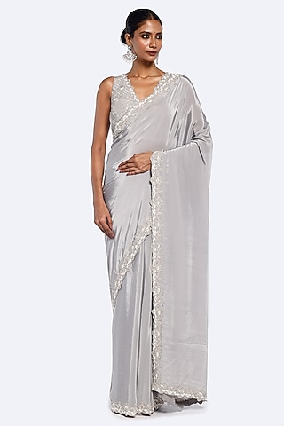 Steel Grey Crepe Cutdana Embellished Saree Set by Onaya