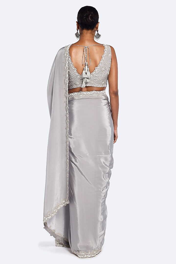 Steel Grey Crepe Cutdana Embellished Party Wear Saree Set by Onaya at Pernia's Pop Up Shop