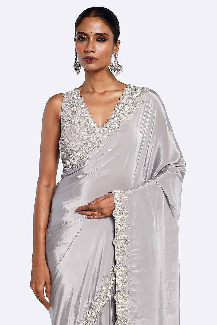 Steel Grey Crepe Cutdana Embellished Party Wear Saree Set by Onaya at Pernia's Pop Up Shop