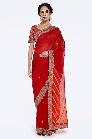 Red & Orange Organza Sequins Embellished Saree Set by Onaya
