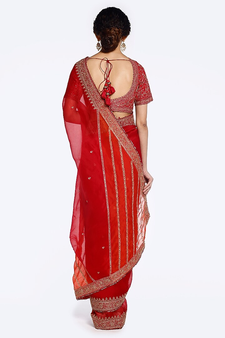 Red & Orange Organza Sequins Embellished Wedding Saree Set by Onaya at Pernia's Pop Up Shop