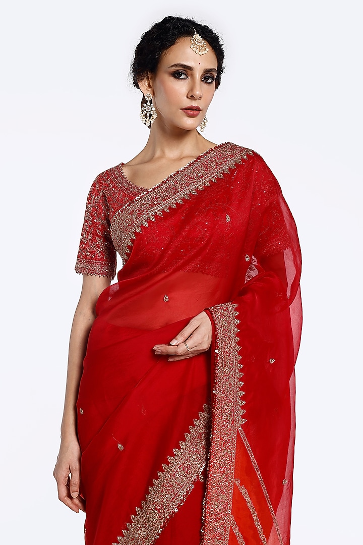 Red & Orange Organza Sequins Embellished Wedding Saree Set by Onaya at Pernia's Pop Up Shop